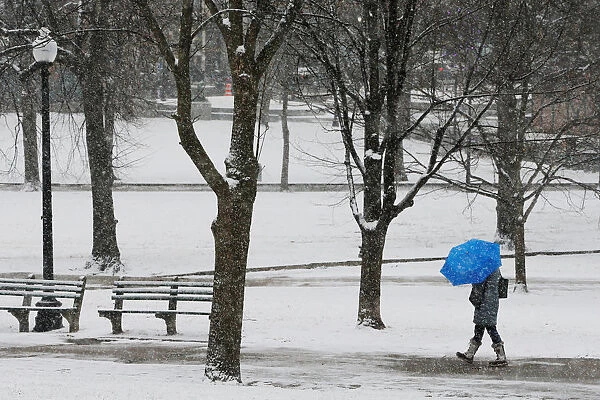 A pedestrian walks through Boston Common during a winter snow storm in Boston