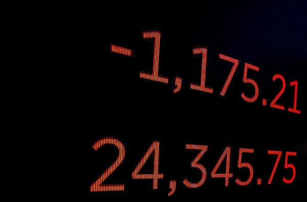 A screen displays the Dow Jones Industrial Average following the closing bell on the