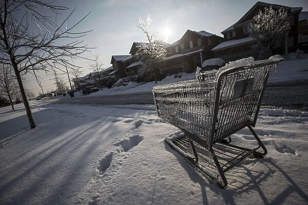 A shopping cart is frozen over, after an ice storm in Toronto