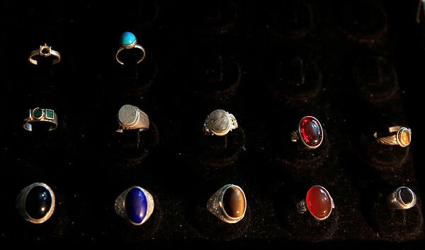 Silver rings are seen for sale at a shop in Islamabad