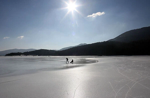 Skater drags sledge on the frozen lake Cerknica