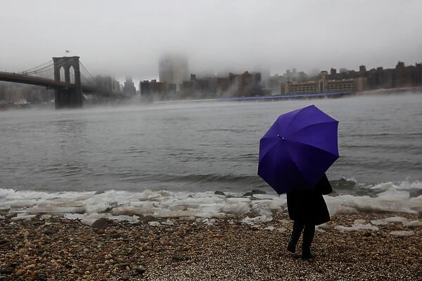 A woman stands at Brooklyn Bridge Park with a purple umbrella as fog partially covers the