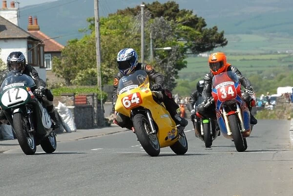 Dave Madsen-Mygdal (Triumph) and Jarno Malinen (Harley Davidson) and James Ford (Ducati) 2012 Pre TT Classic