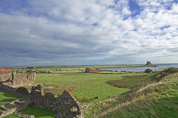 Lindisfarne Priory (National Trust), in foreground, and Lindisfarne Castle in distance