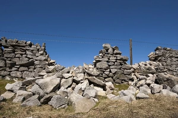 Drystone wall in poor state of repair, gaps filled with barbed wire, England, april