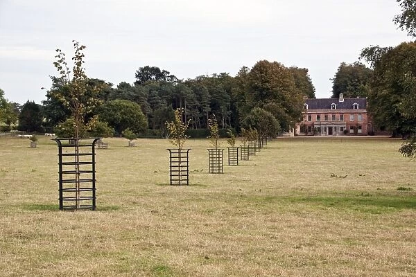 Metal tree protectors, stop livestock from damaging young trees on parkland, in the grounds of Darsham Hall Suffolk