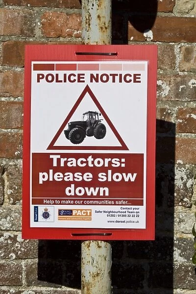 Police Notice - Tractors please slow down sign in village, Dorset, England, october