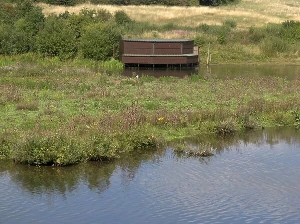 View of freshwater lake habitat and hide, Sandwell Valley RSPB Reserve, West Midlands, England, september