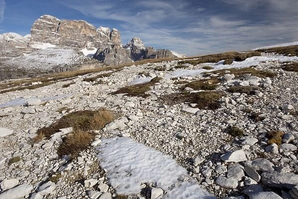 View of high gravelly tundra habitat on mountain slope (at 2400m), Cadini di Misurina, Dolomites, Italian Alps, Italy