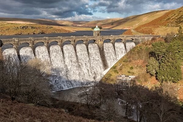 View of reservoir dam, Craig Goch Dam, Elan River, Elan Valley, Rhayader, Powys, Mid Wales, February