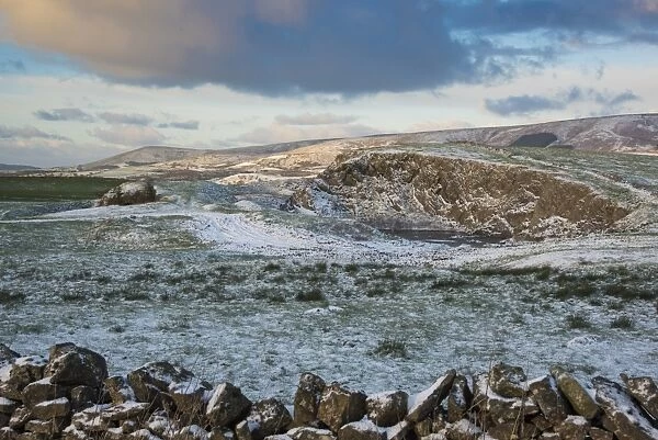View of snow covered upland landscape, near Whitewell, Clitheroe, Forest of Bowland, Lancashire, England, January