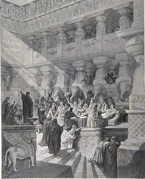 19th cent. engraving. Gustave Dore. Belshazzars Feast. Copyright: aA Collection