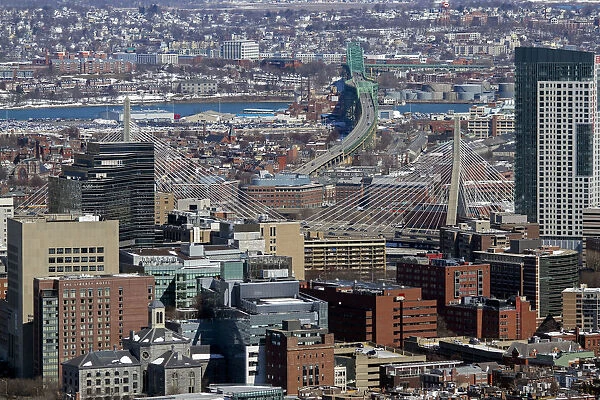 Aerial view including Leonard P Zakim Bunker Hill Memorial Bridge, a cable-stayed