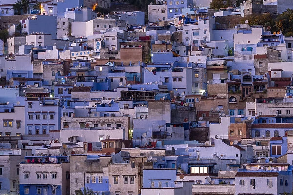 Africa, Morocco, Chefchaouen. Overview of town at twilight