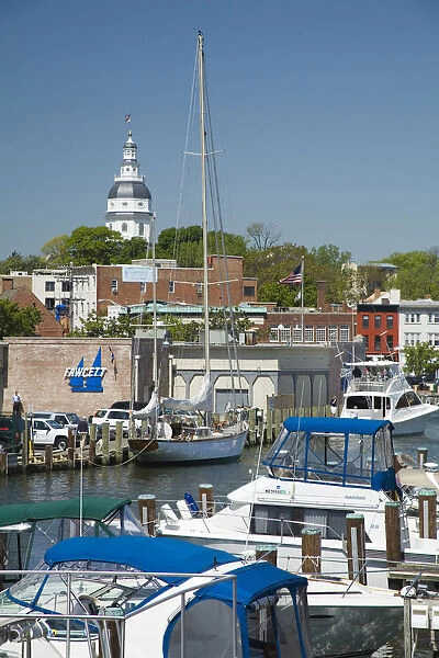 Annapolis city docks, with historic State Capitol Building in distance (also known as State House)