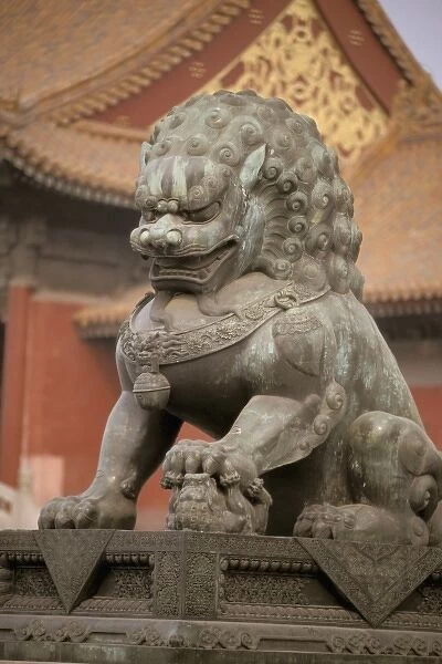 Asia, China, Beijing, Forbidden City. Bronze lion guard
