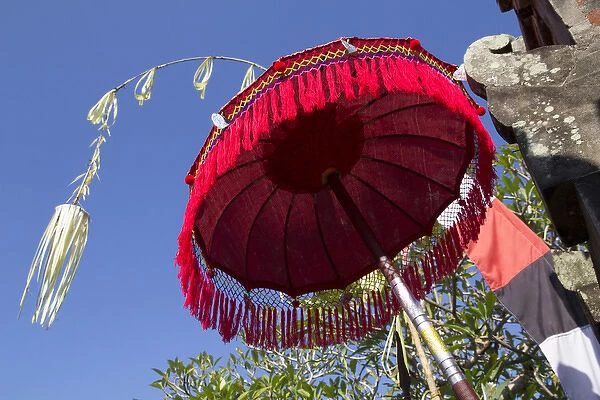 Asia, Indonesia, Bali. Balinese parasol adorned with white Spider Lily flower
