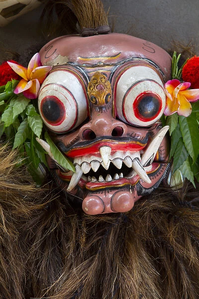 Asia, Indonesia, Bali. Barong ceremonial performance mask decorated with red Hybiscus