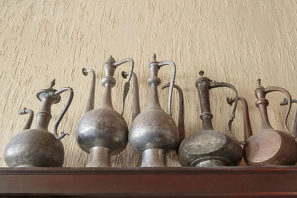 Azerbaijan, Lahic. A collection of engraved kettles