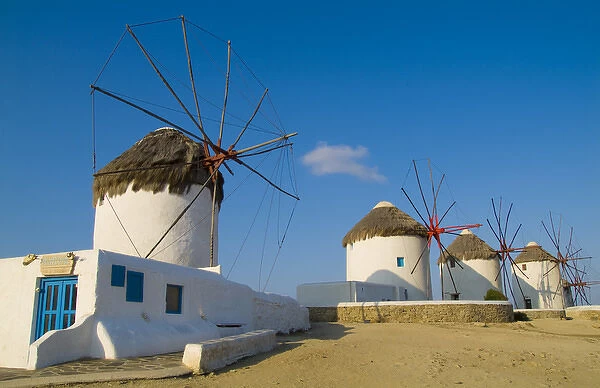 Beautiful scenic color of white famous windmills on beach of beautiful island of