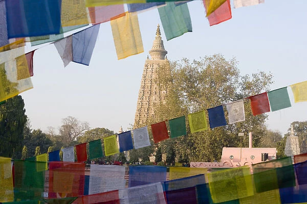 Bodh Gaya Temple with prayer flags. Bihar, India
