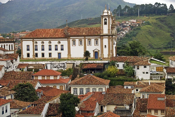 Brazil, Minas Gerais, Ouro Preto, view on old colonial churches and tiled roof houses