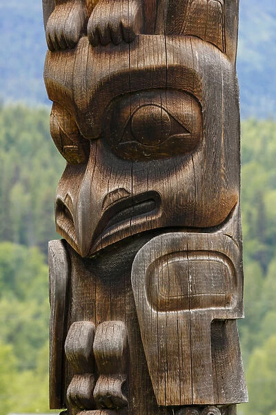 Canada, British Columbia, Kispiox. Detail of totem pole