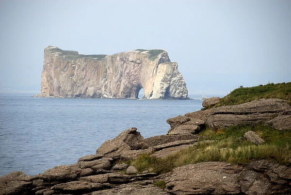Canada, Quebec, Perce. View of Perced Rock from Bonaventure Island, National Park