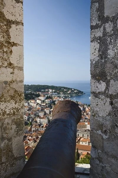 Cannon from Hvar Castle overlooking Hvar, and the Adriatic Sea, Hvar Island, Croatia