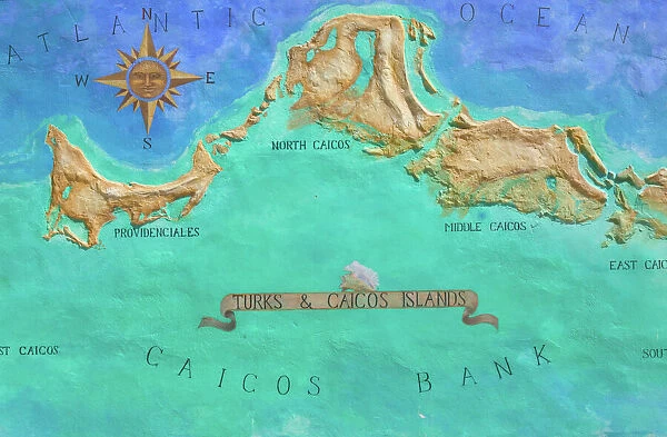 Caribbean, TURKS & CAICOS-Providenciales island-Grace Bay: Mural Map of Turks