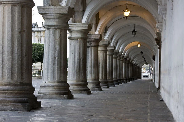Central America, Guatemala, Antigua. Columns in front of the El Palacio de los Capitanes