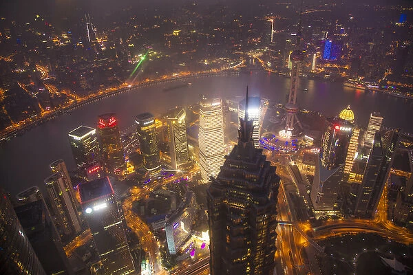 China, Shanghai. Downtown buildings at night