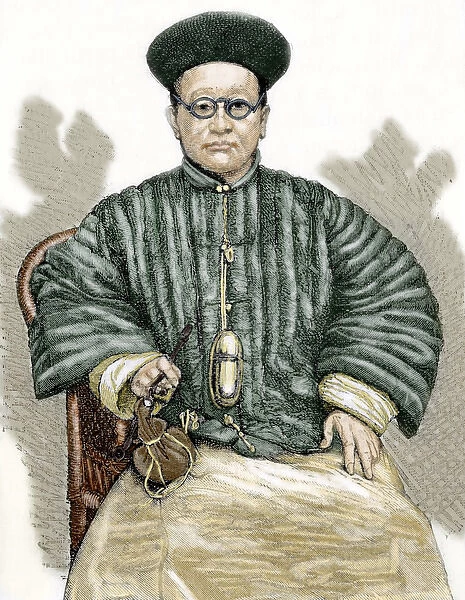 Chinese doctor. 19th century engraving. Colored