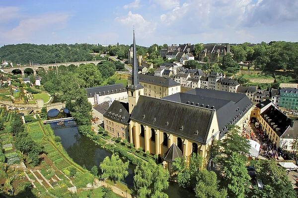 City view of St. Johanneskirche and abbey Neumuenster, Grund, Luxemburg, Europe