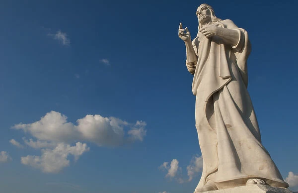 Close up portrait of famous Christ statue on hill overlooking Havana Habana Cuba