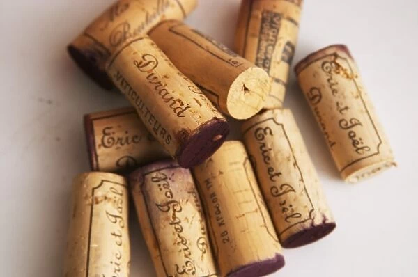 Corks stampled with Eric and Joel Durand against a white background. Domaine Eric et Joel Durand