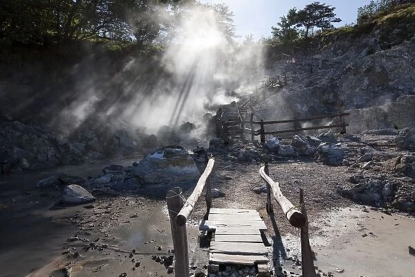 Costa Rica, Guanacaste Province, Miravalles, Steam rises up from fumarole by walkway