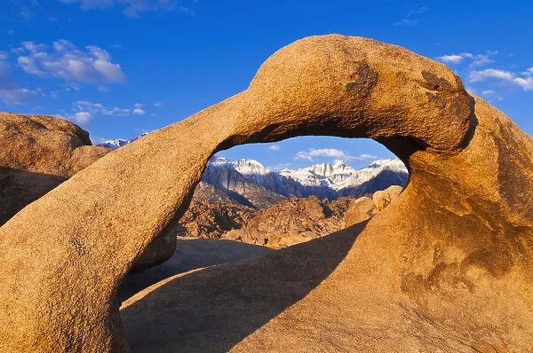 Dawn light on Mount Whitney through Mobius Arch, Alabama Hills, Inyo National Forest