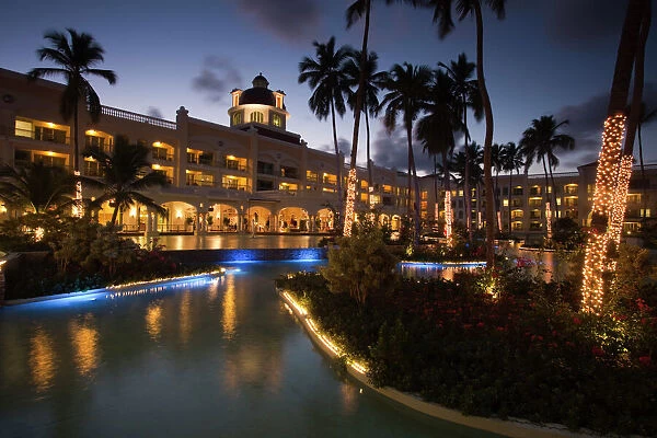 Dominican Republic, Punta Cana Region, Bavaro, Iberostar Grand Hotel, Pool View, evening