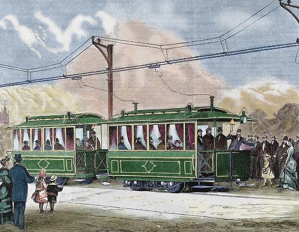 Electric streetcar. Nineteenth-century colored engraving