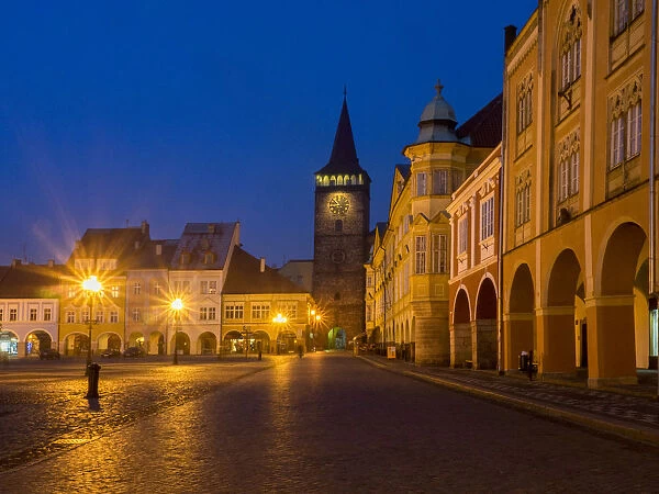Europe, Czech Republic, Jicin. Twilight in the main square surrounded with recently