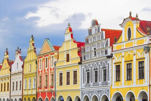 Europe, Czech Republic, Telc. Colorful houses on main square