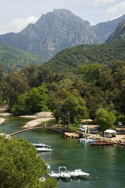 Europe, France, Corsica, Porto. Harbor and campground. Footbridge links to hotels