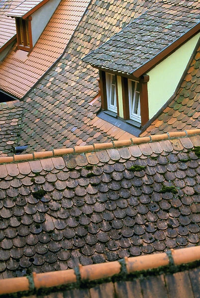 Europe, Germany, Bayern, Rothenburg Ob Der Tauber. Slate roof details