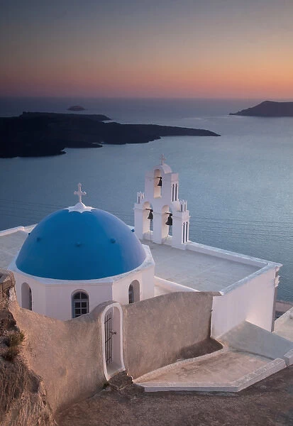 Europe, Greece, Greek Island, Santorini, Blue Domes, Church, Bell Tower in villiage