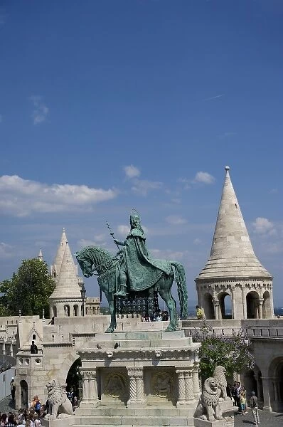 Europe, Hungary, Budapest, Buda, Castle Hill, statue of St. Stephen and towers of