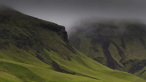 Europe, Iceland. Misty mountainside landscape