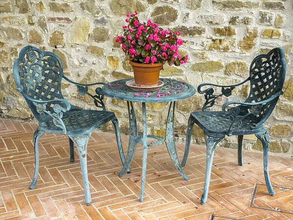 Europe, Italy, Chianti. Table and chairs with a flowering begonia in the center against a