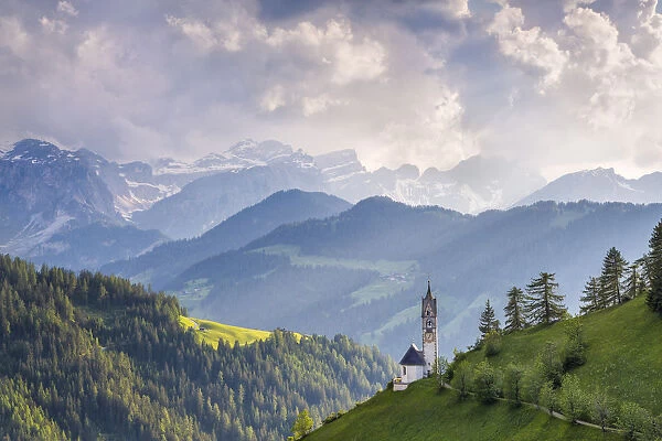 Europe, Italy, Dolomites, Wengen. Landscape with Chapel of St. Barbara. Credit as