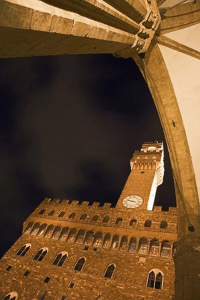Europe, Italy, Florence. Palazzo Vecchio in Piazza della Signoria at night. Credit as